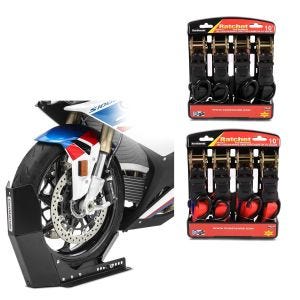 Set: Motorradwippe Easy Fix mit 4-fach Spanngurt-Set für Anfänger + Spanngurt Set mit Ratsche und Haken inkl 4x Zurrschlaufe in schwarz_1