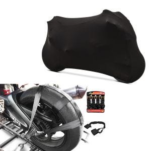Set: Hinterrad und Lenker Zurrgurt mit 4x Ratschen-Spanngurten Set + Motorradabdeckung Indoor M-L Stretch Garage in schwarz_1