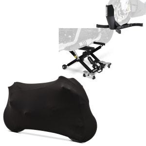 Set: Hebebühne Mid-Lift XL + Wippe Motorradheber für Harley und Chopper + Motorradabdeckung Indoor M-L Stretch Garage in schwarz_1