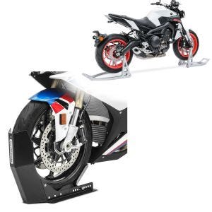 Set: Béquille d'Atelier moto Set Arrière Avant Lève Stand SL + Bloque Roue Easy-Fix Béquille Avant à 21 Pouces noir
