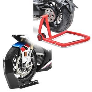 Set: Béquille d'atelier monobras compatible avec KTM 1290 Super Duke / R 14-23 -One rouge + Bloque Roue Easy-Fix Béquille Avant à 21 Pouces noir