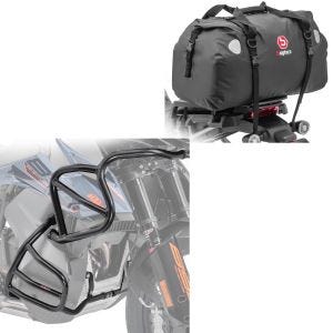 Set: Sturzbügel Set passend für KTM 790 Adventure / R 19-21 oben unten Schutzbügel + Hecktasche Drybag XF60 Wasserdicht Volumen 60l