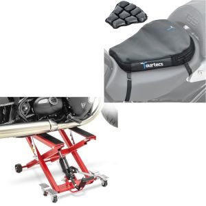 Set: Pont élévateur ciseaux compatible avec moto custom Mid-lift XL rouge + Moto Coussin d'air Tourtecs Air M Coussin de Selle confort CB39044
