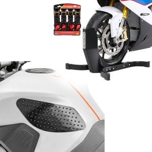 Set: Easy Plus - Motorradwippe inklusive 4-fach Spanngurt-Set für Anhänger + Tankpad seitlich Grip Pad M Seiten Tankpad Kniepad in schwarz_1