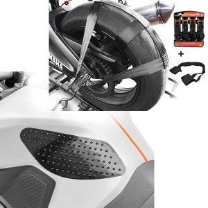Set: Hinterrad und Lenker Zurrgurt mit 4x Ratschen-Spanngurten Set + Tankpad seitlich Grip Pad M Seiten Tankpad Kniepad in schwarz_1