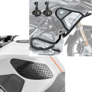Set: Set Pare carter + Phare Additionnel XL6 compatible avec BMW R 1250 GS 19-23 noir + Moto Protège réservoir lateraux Grip Pad M Protection en noir