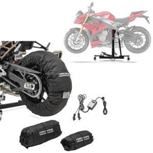 Set: Zentralständer BMW S 1000 R 14-16 Motorradheber Power-Evo + Reifenwärmer Set Snaefell 30-99°C Digital für Vorderrad und Hinterrad_1