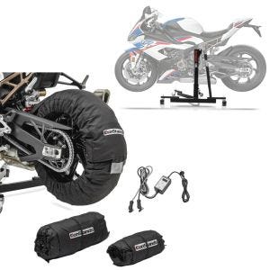 Set: Lève moto centrale compatible avec BMW S 1000 RR 19-24 Power-Evo + Moto Couvertures Chauffantes Snaefell 30-99°C digital avant et arrière