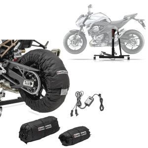 Set: Zentralständer passend für Kawasaki Z 800 / e 13-16 Motorradheber Power-Evo + Reifenwärmer Set Snaefell 30-99°C Digital für Vorderrad und Hinterrad