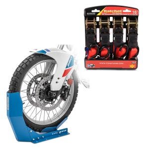 Set: Transportständer Easy-Fix Motorradwippe bis 21 Zoll blau + Spanngurt Set mit Ratsche und Haken inkl 4x Zurrschlaufe in rot_1