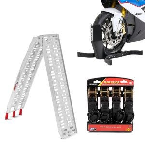 Set: Auffahrrampe Alu CS1 + Motorradwippe Easy Plus klappbar max. 340kg + Spanngurt Set mit Ratsche und Haken inkl 4x Zurrschlaufe in schwarz_1