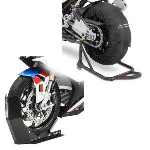 Set: Reifenwärmer Set Laguna Seca 60-80°C passend für Vorderrad und Hinterrad Constands + Transportständer Easy-Fix Motorradwippe bis 21 Zoll schwarz