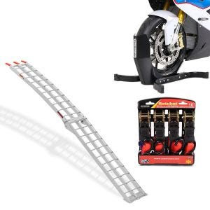 Set: Set béquille cale de roue moto avant av. Sangles de cliquet Easy Plus + Rampe de Chargement Alu II en Alu max. 340 kg pliable pour Moto ATV