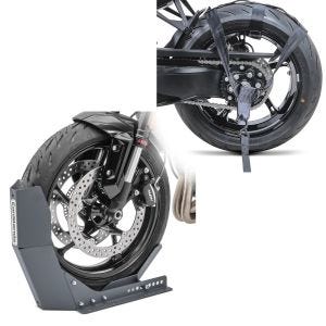 Set: Bloque Roue Easy-Fix Béquille Avant à 21 Pouces gris + Sangle roue arrière moto d'arrimage pour transport noir