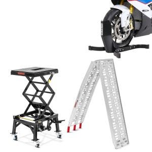 Set: Motorradheber Enduro Cross-Lift XL Motocross Scherenheber mit Rollen + Auffahrrampe Alu CS1 + Motorradwippe Easy Plus klappbar max. 340kg_1