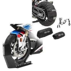Set: Reifenwärmer Set Snaefell 30-99°C Digital passend für Vorderrad und Hinterrad Constands + Transportständer Easy-Fix Motorradwippe bis 21 Zoll schwarz
