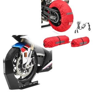 Set: Reifenwärmer Set Snaefell 30-99°C Digital passend für Vorderrad und Hinterrad + Transportständer Easy-Fix Motorradwippe bis 21 Zoll schwarz