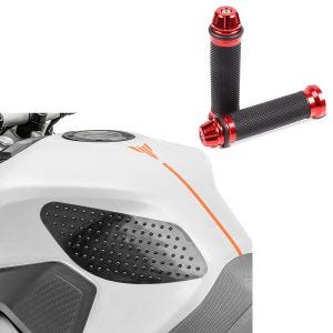 Set: Moto Protège réservoir lateraux Grip Pad M Protection en noir + Poignée Guidon Moto 2X 22mm rouge