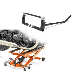 Set: Hebebühne Mid-Lift XL Motorradheber bis 500kg in orange + Chopper Motorradzentralheber. Custom Bike-Heber schwarz_1