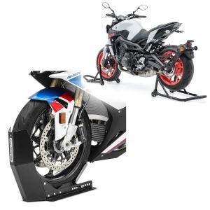 Set: Montageständer Set vorne hinten ST4 Motorradständer Schwarz + Transportständer Easy-Fix Motorradwippe bis 21 Zoll schwarz_1