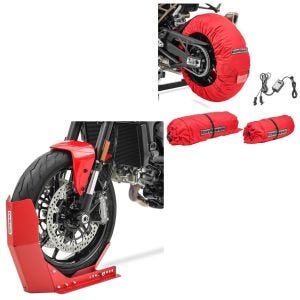 Set: Moto Couvertures Chauffantes Snaefell 30-99°C digital avant arrière + Bloque Roue Easy-Fix Béquille Avant à 21 Pouces rouge