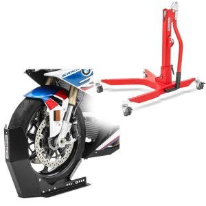 Set: Zentralständer ohne Adapterplatte in rot Motorradheber Power-Classic + Transportständer Easy-Fix Motorradwippe bis 21 Zoll schwarz_1