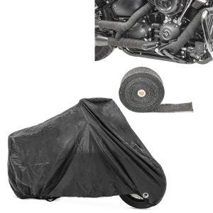 Set: Abdeckplane XXL Abdeckhaube in schwarz + Hitzeschutzband Auspuffband schwarz 10m_1