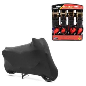 Set: Motorradabdeckung Indoor XL-XXL Stretch Garage in schwarz + Spanngurt Set mit Ratsche und Haken inkl 4x Zurrschlaufe in rot_1