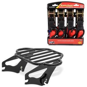 Set: Gepäckträger Harley Touring 09-21 KI abnehmbar in schwarz + Spanngurt Set mit Ratsche und Haken inkl 4x Zurrschlaufe in rot_1