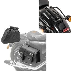 Set: Satteltasche rechts Montana 8Ltr Seitentasche für Chopper schwarz + Gepäckträger für Harley Sportster 04-20 Solo Rack schwarz_1