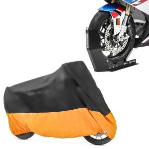 Set: Bloque Roue Easy-Fix Béquille Avant à 21 Pouces noir + Housse de Moto XXXL Bache Moto imperméable en noir-orange
