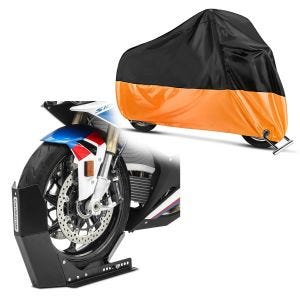 Set: Bloque Roue Easy-Fix Béquille Avant à 21 Pouces noir + Housse Moto XL Bache moto imperméable en noir-orange