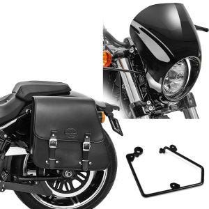 Set: Satteltasche + Halter für Harley Sportster 883 Iron 16-20 links 28l Craftride + Scheinwerfer Frontmaske für Harley Davidson Sportster 883 Iron 09-20 schwarz Craftride_1