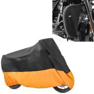 Set: Abdeckplane Harley Heritage Softail Classic / 114 Craftride XXXL schwarz-orange + Sturzbügel Spritzschutz für Harley Davidson Heritage Softail Classic 88-17 Beinwärmer Craftride BT2_1