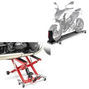 Set: Rangierschiene Harley Rocker / C ConStands Smart-Mover mit Wippe grau + Hydraulische Hebebühne Harley Davidson Rocker / C ConStands Mid-Lift XL rot_1
