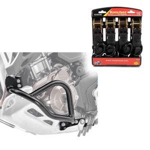 Set: Sturzbügel für Honda Africa Twin Adventure Sports 1100 20-21 Motoguard Schutzbügel + Motorrad Spanngurt Set ConStands mit Ratsche und Haken inkl 4x Zurrschlaufe in schwarz_1