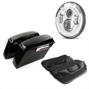 Set: Seitenkoffer für Harley Davidson Road King 94-13 mit Innentaschen schwarz + LED Scheinwerfer 7" für Harley Davidson Road King / Classic DRL Craftride chrom_1