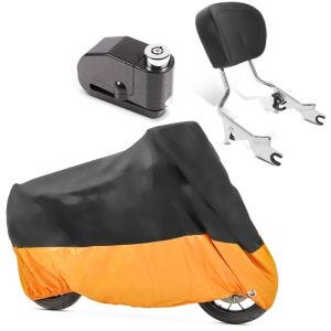Set: Sissybar Harley Road King Classic 09-19 Craftride Fast Driver-M chrom + Abdeckplane XXXL + Alarm Bremsscheibenschloss orange für Harley Davidson Road King / Classic Tourtecs_1