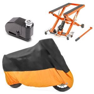 Set: Hydraulische Hebebühne Harley Davidson Road King Classic ConStands Mid-Lift XL orange + Abdeckplane XXXL + Alarm Bremsscheibenschloss orange für Harley Davidson Road King / Classic Tourtecs_1