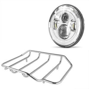 Set: LED Scheinwerfer 7" für Harley Davidson Road King / Classic DRL Craftride chrom + Gepäckträger für Harley-Davidson Road King chrom Craftride_1
