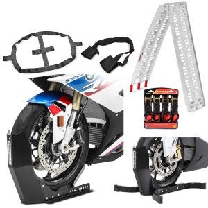 Set: Set bloque roue avant moto Easy Fix + sangles cliquet + sangle d'arrimage ConStands noir-rouge + Rampe de chargement moto aluminium CS1 set bloque roue Easy Plus pliable -340kg