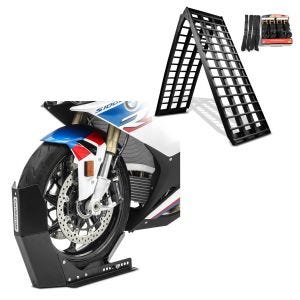 Set: Rampe de chargement moto aluminium set sangles arrimage pliable CS5 BL max. 680kg + Bloque Roue ConStands Easy-Fix Béquille Avant à 21 Pouces noir