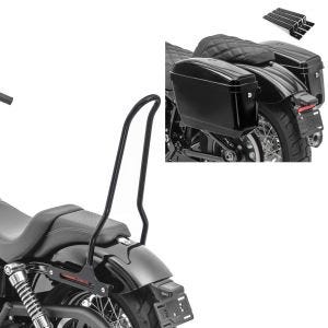 Set: Sissybar passend für Harley Davidson Dyna Street Bob / Low Rider S 09-17 Craftride Tampa + Motorrad Seitenkoffer Set Craftride Nevada für Chopper je 20Ltr inkl. Haltesatz