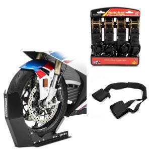 Set: Bloque Roue ConStands Easy-Fix Béquille Avant à 21 Pouces noir + Set: Moto Sangle Set avec cliquet et crotchet incl 4x boucles + Moto Sangle d'arrimage du guidon