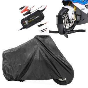 Set: Set Motorrad Batterie Ladegerät + Abdeckplane XL schwarz + Motorradwippe Constands Easy-Plus Motorradständer bis 21 Zoll schwarz