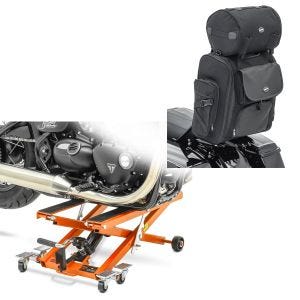 Set: Moto Pont elevateur ciseaux ConStands Mid-lift XL Cric hydraulique 500kg en orange + Moto Sissy Bar Sacoche arrière Craftride SXL avec Sac Rouleau en noir