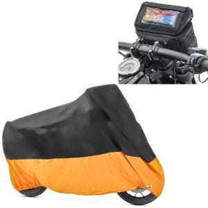 Set: Sacoche de guidon pour motos Custom support smartphone GPS Craftride LB2 + Housse de Moto Craftride XXXL Bache Moto imperméable en noir-orange