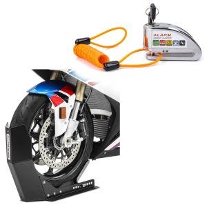 Set: Bloque Roue ConStands Easy-Fix Béquille Avant à 21 Pouces noir + Antivol bloque disque Alarme moto avec câble de rappel Tourtecs 110dB en chrome