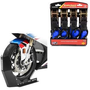 Set: Bloque Roue ConStands Easy-Fix Béquille Avant à 21 Pouces noir + Moto Sangle Set ConStands avec cliquet et crotchet incl 4x boucles de chargement en bleu
