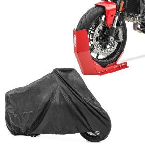 Set: Bloque Roue ConStands Easy-Fix Béquille Avant à 21 Pouces rouge + Housse Moto Craftride XXL Bache Moto imperméable en noir